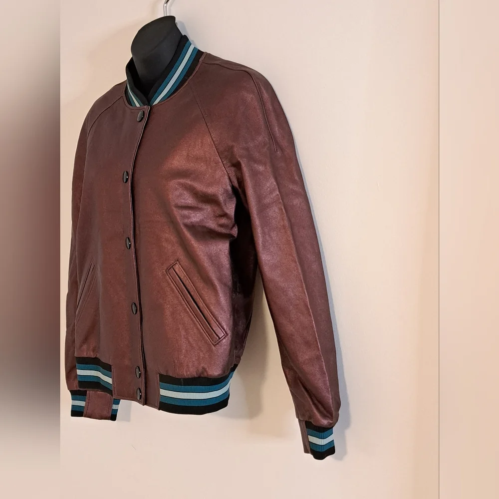 Coach Rexy Leather Varsity Jacket With Athletic Stripe Accents Misses Size Small